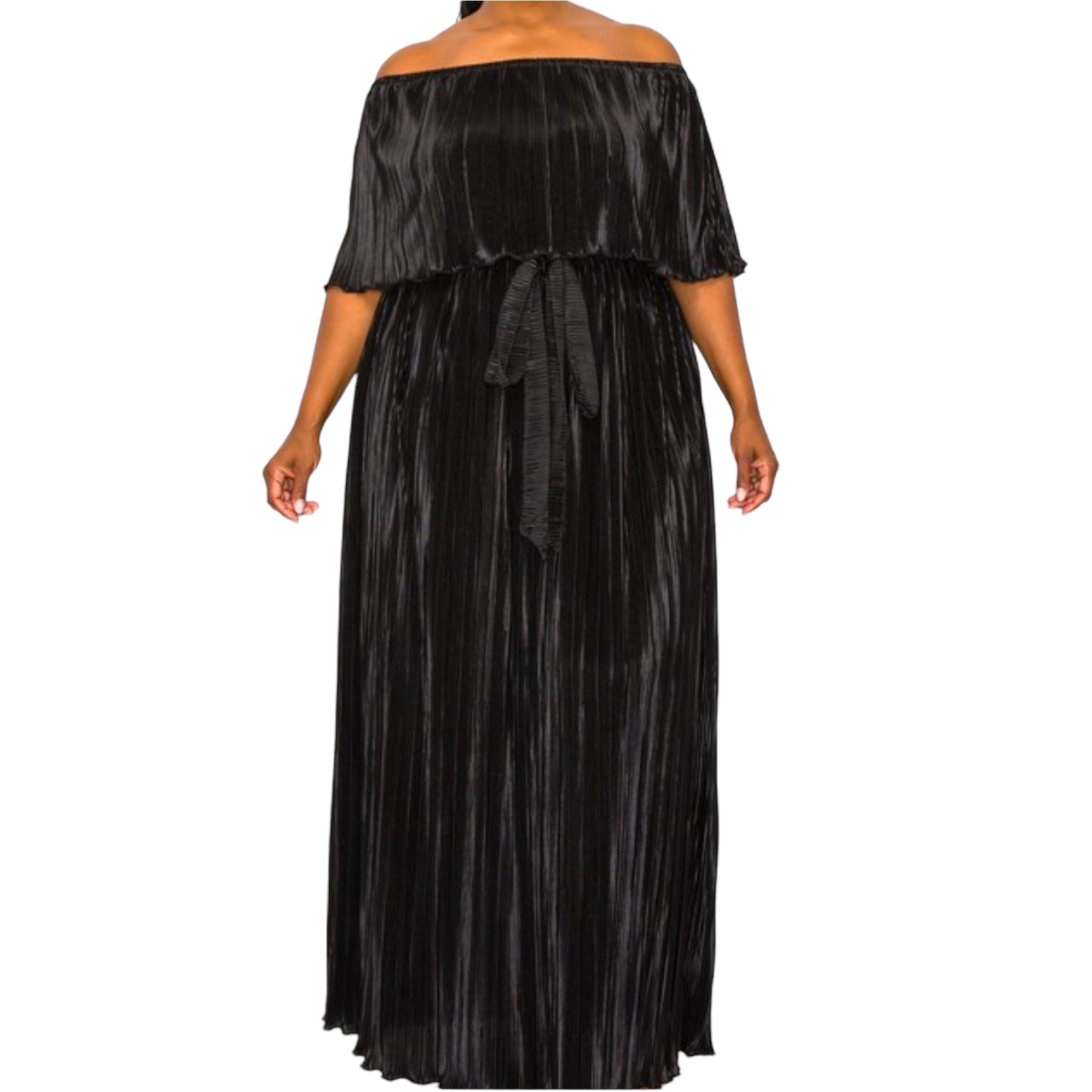 Black Pleated Off The Shoulder Maxi Dress