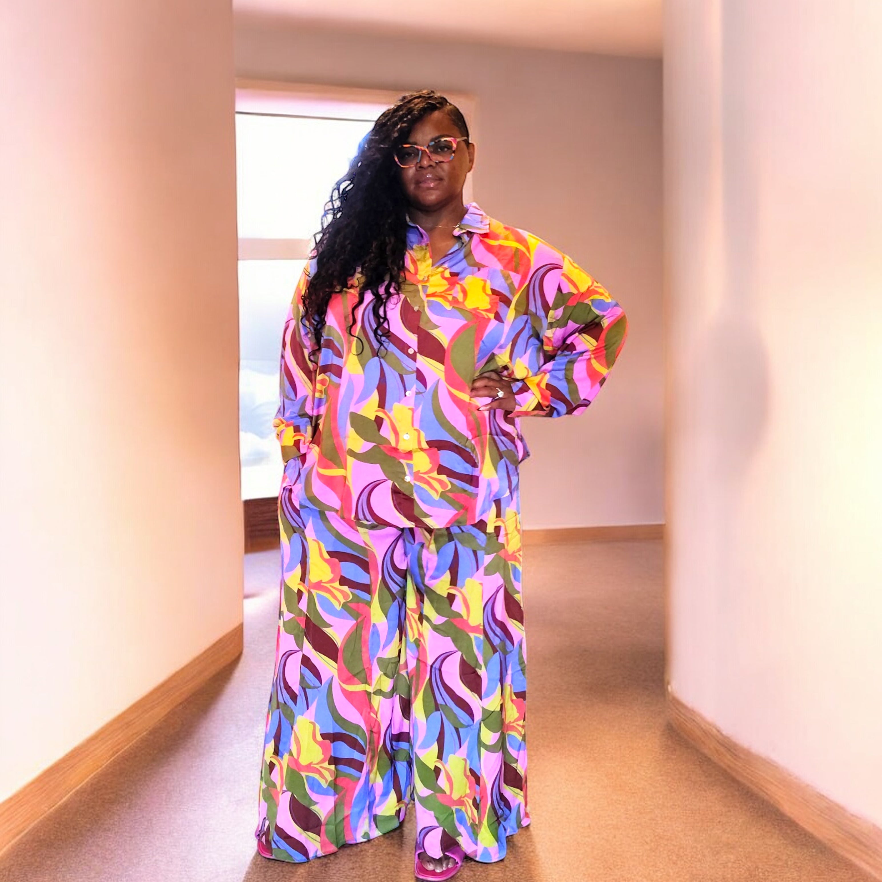 Women's Plus Abstract Print Wide leg Set
