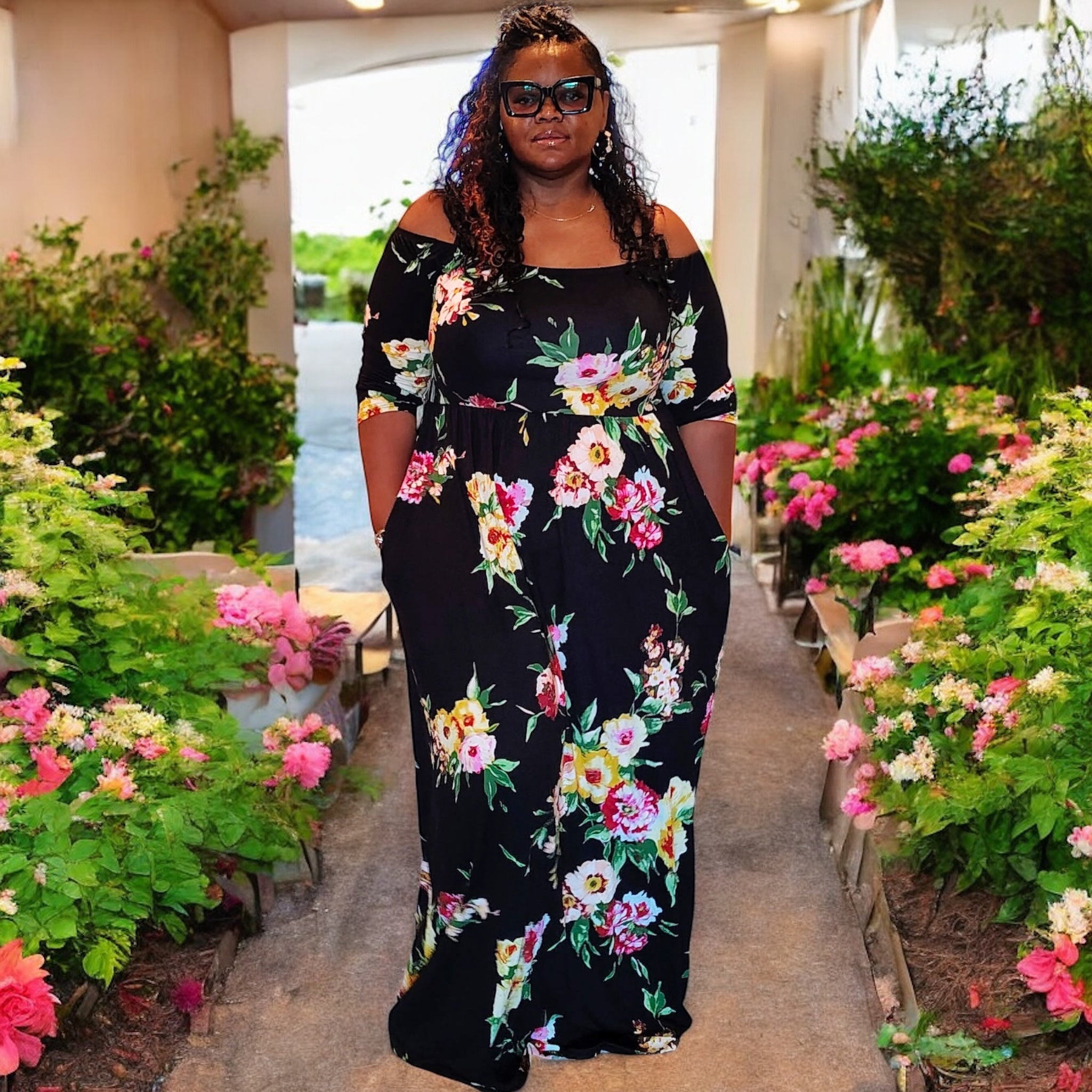 Plus Size Off Shoulder Floral Maxi Dress