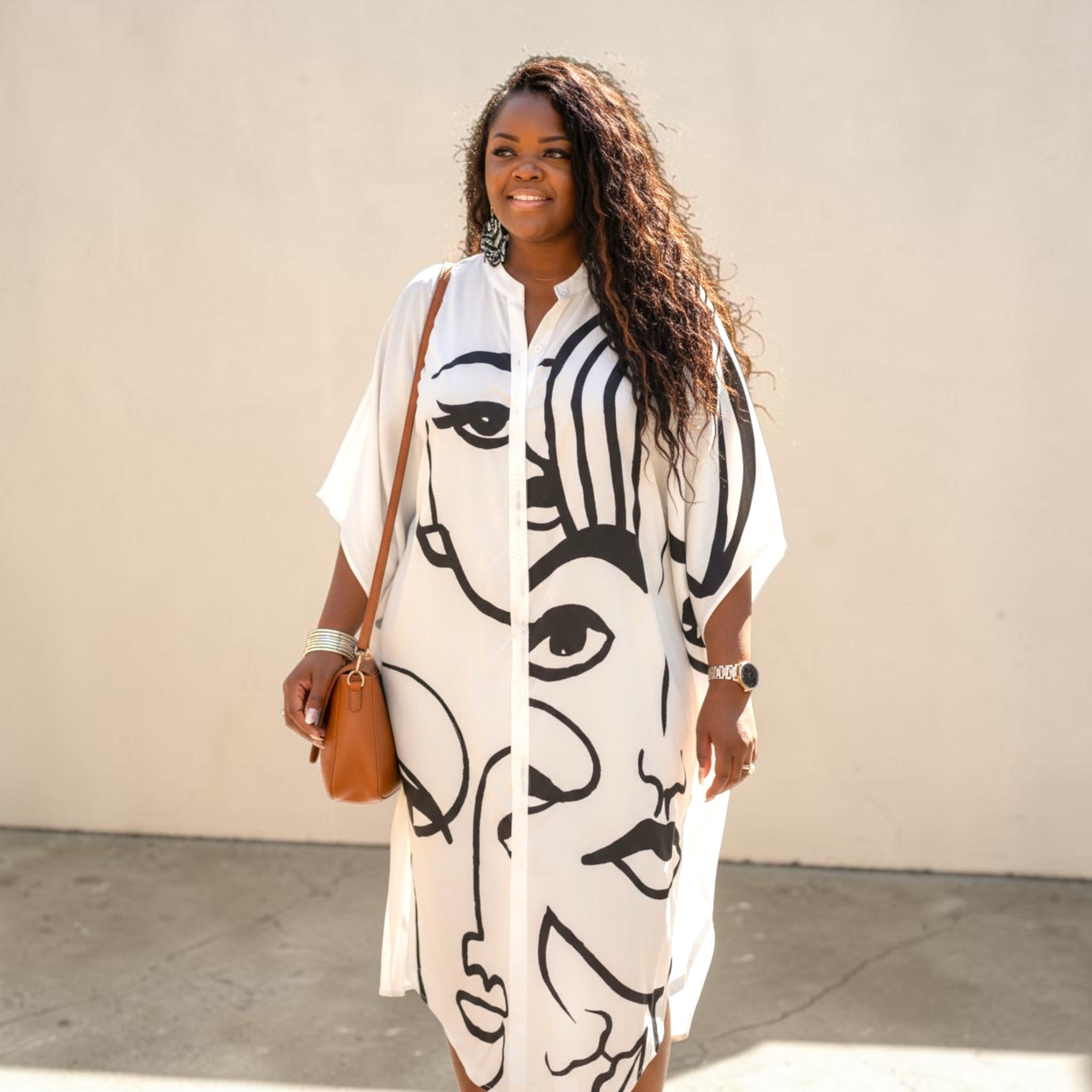 Womens Plus Size Face Abstract Shirt Dress
