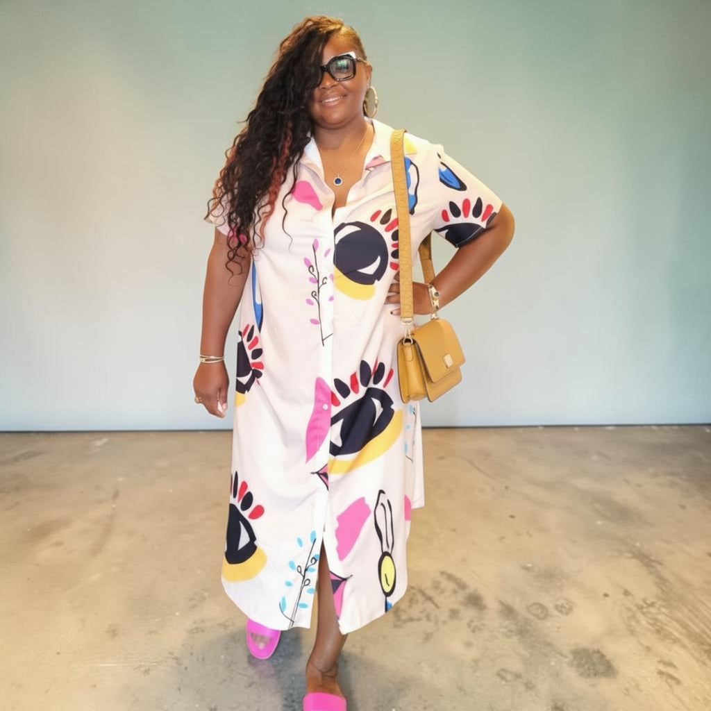 Plus Size Allover Print Button Up Loose Fit Dress
