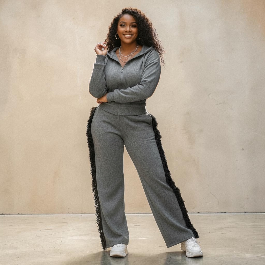 Plus Size Hoodie Jacket and Side Tassel Pants Set
