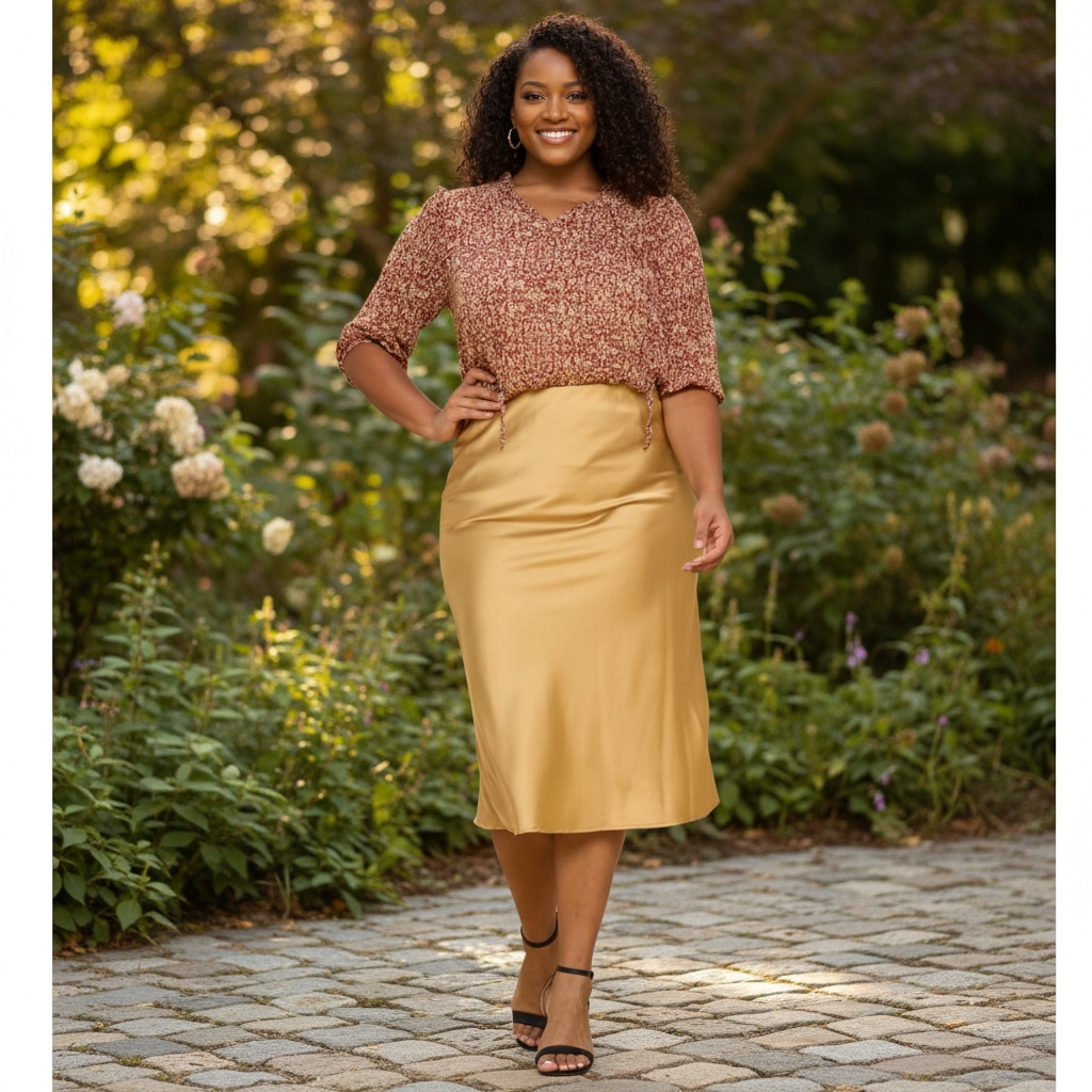 Women's Gold Plus Size Midi Satin Skirt