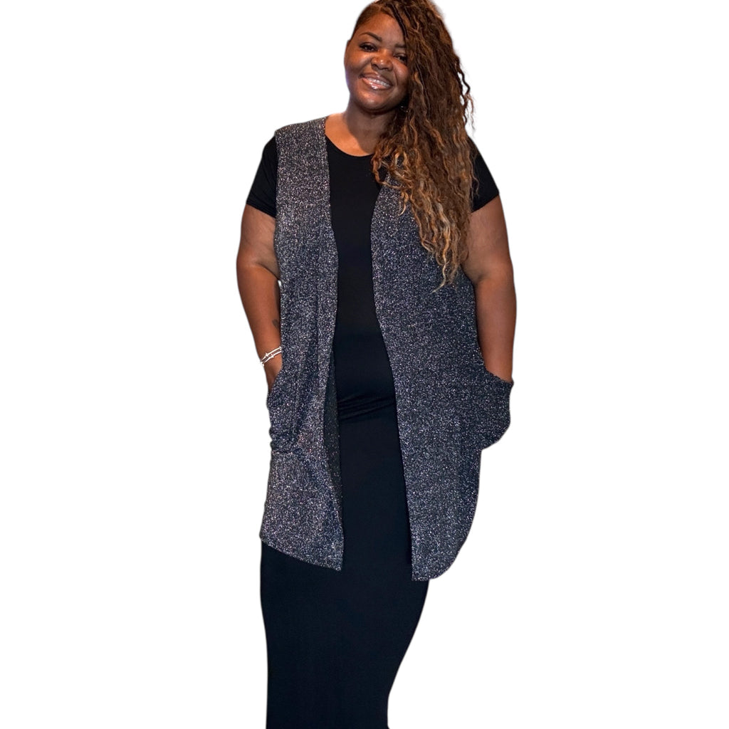 Plus Size Solid With Sparkles Color Vest With Side Pockets (extended sizes)