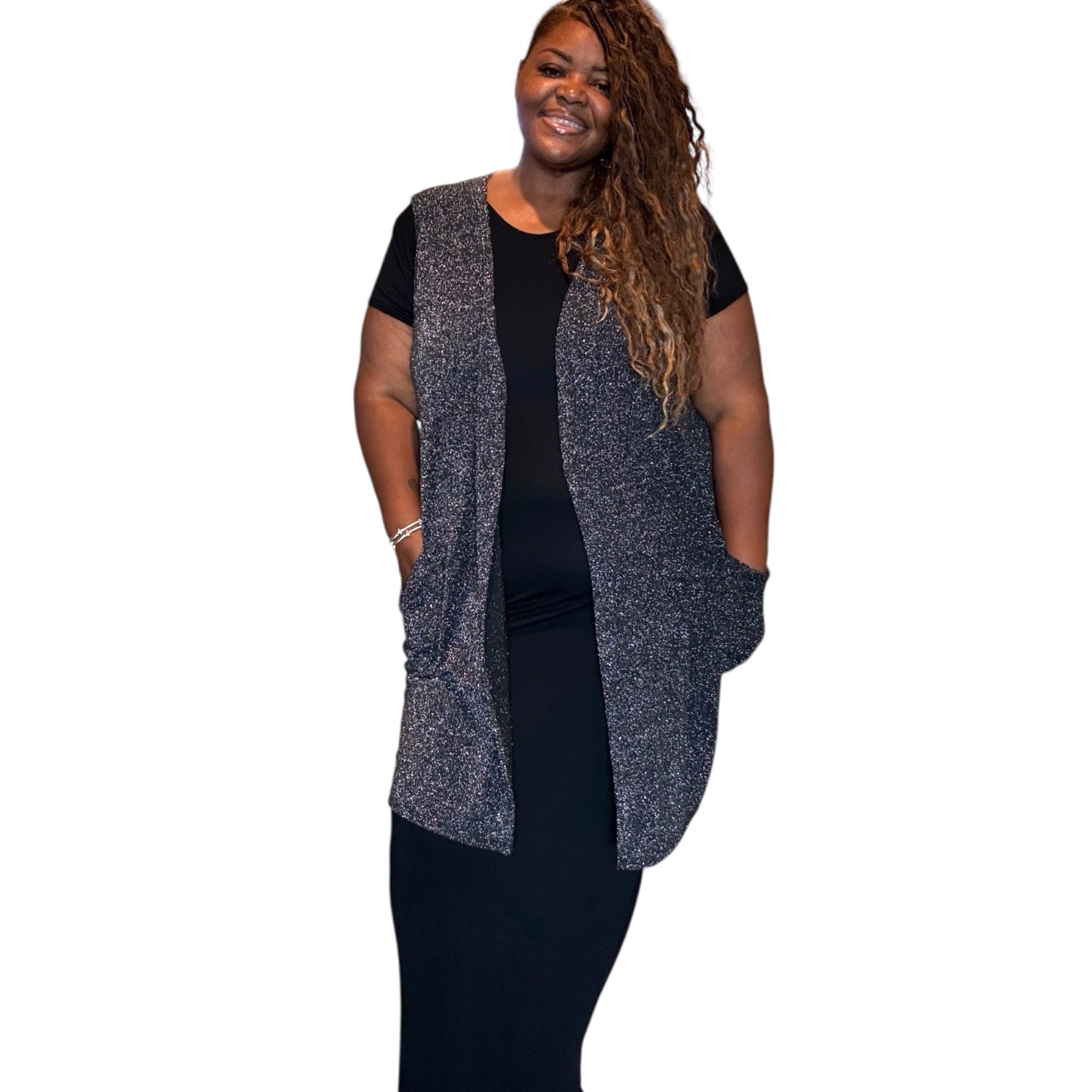 Plus Size Solid With Sparkles Color Vest With Side Pockets (extended sizes)