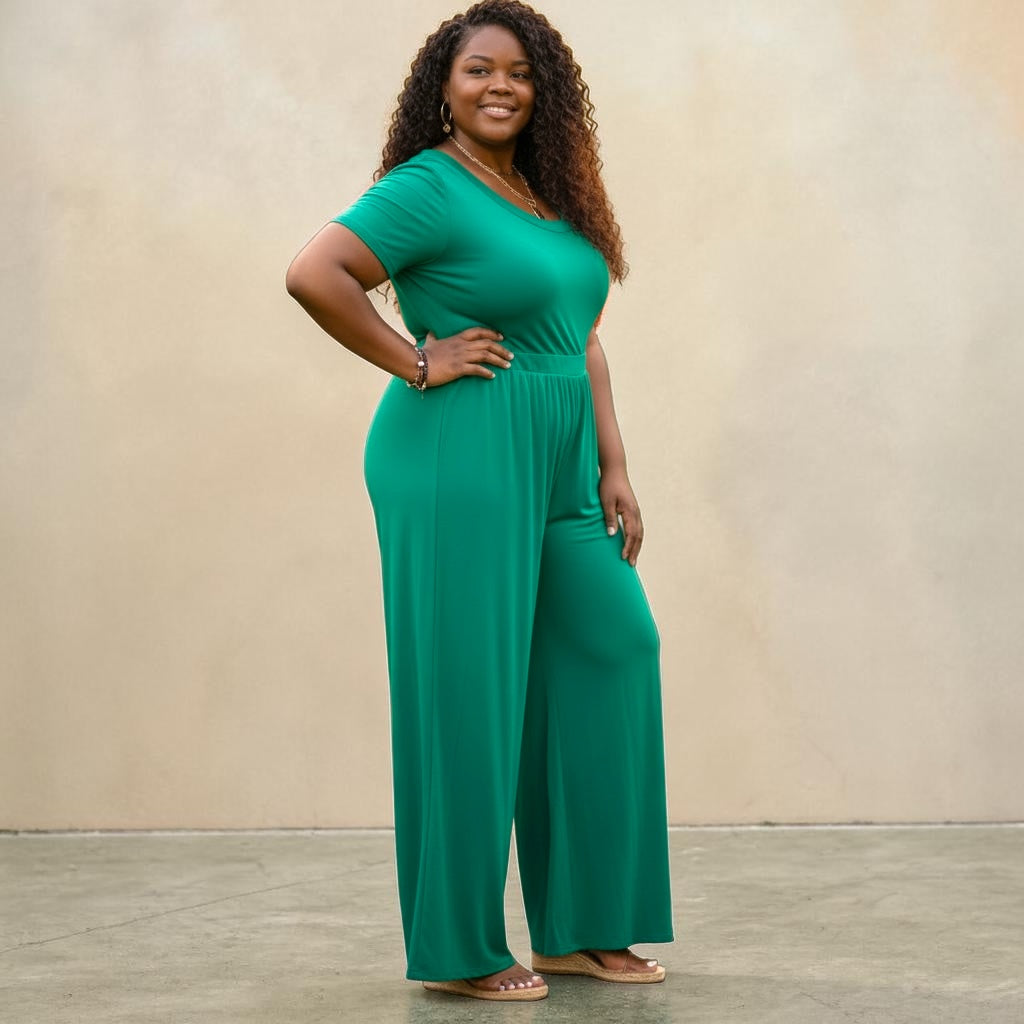 Plus Size Solid High Waist Wide Flair Jumpsuit