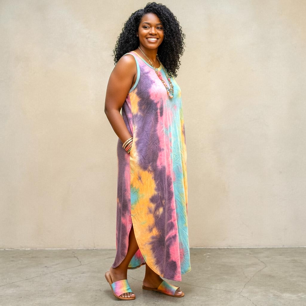 Plus Size Tie Dye V Neck Tie Dye Round Hem Maxi Dress