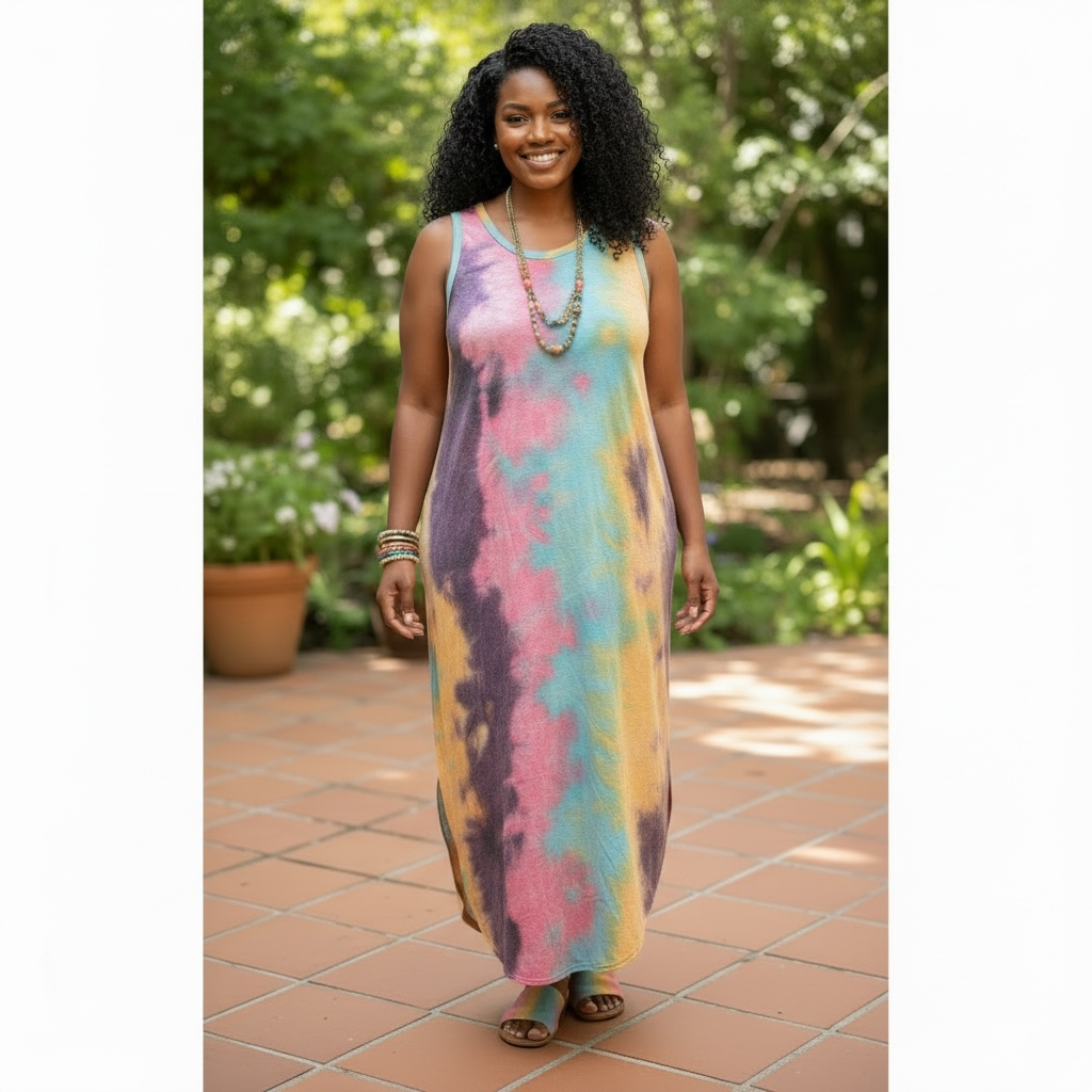 Plus Size Tie Dye V Neck Tie Dye Round Hem Maxi Dress