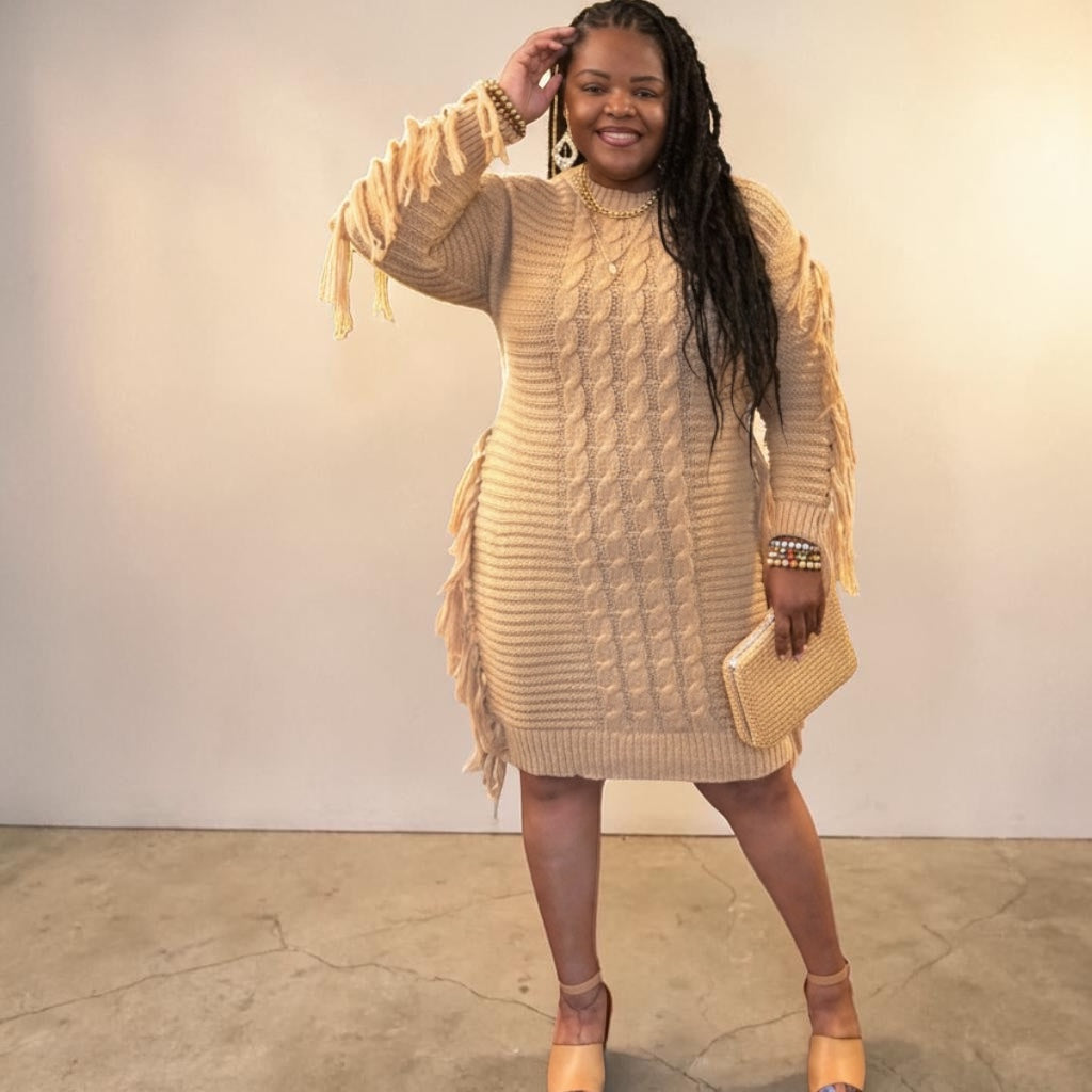Women’s Perfect Camel Fringe Sweater Dress