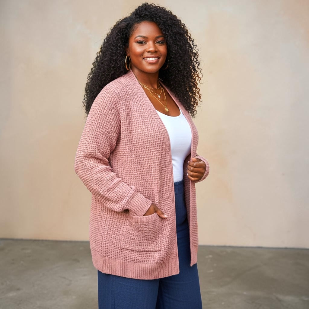 Waffle Open Cardigan Sweater w/ Pockets