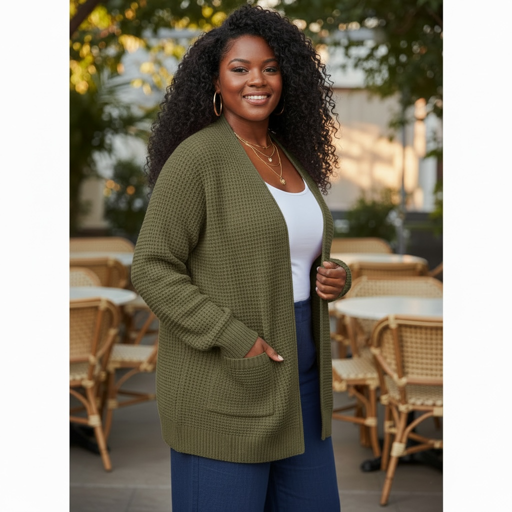Waffle Open Cardigan Sweater w/ Pockets
