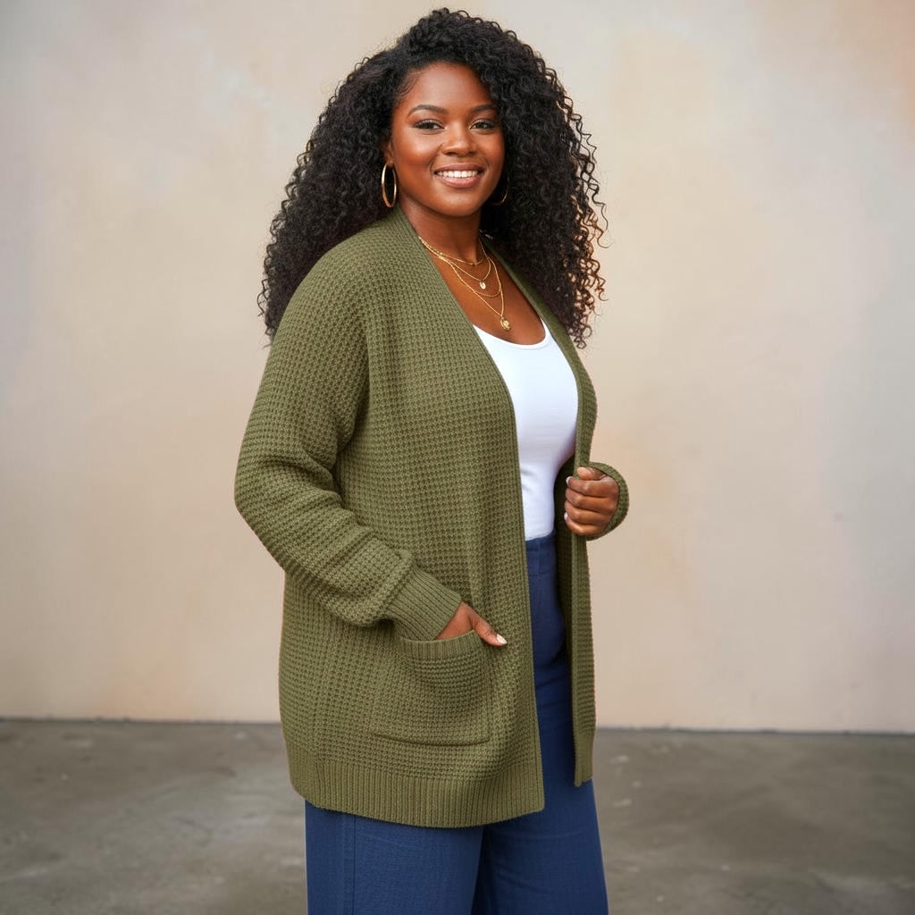 Waffle Open Cardigan Sweater w/ Pockets