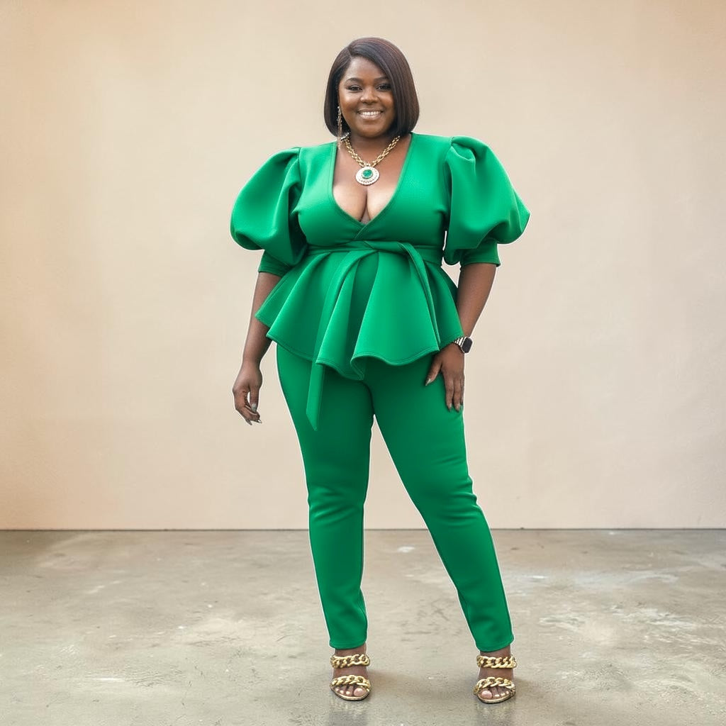 Elegant Women's Plus Size Puff Sleeve Legging Set