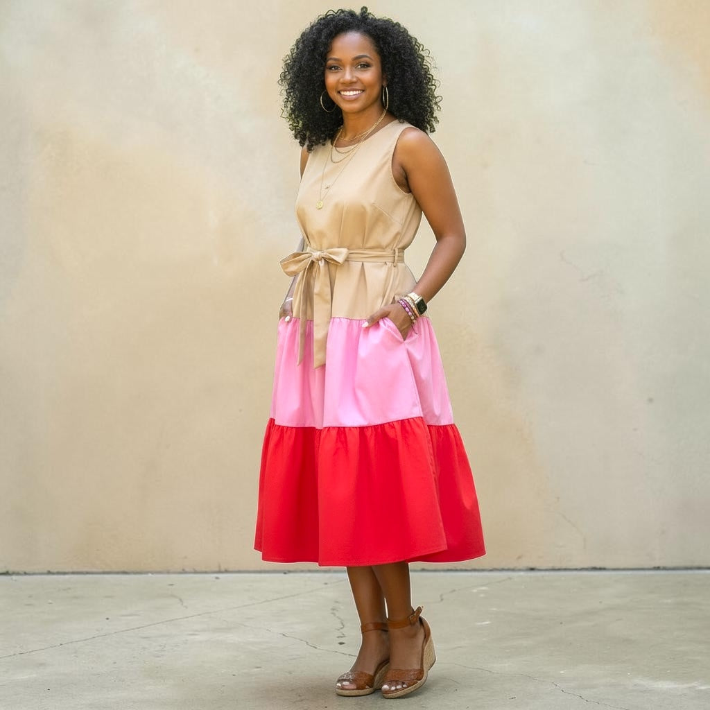 Womens Plus Size Tan Color Block Midi Tank Dress