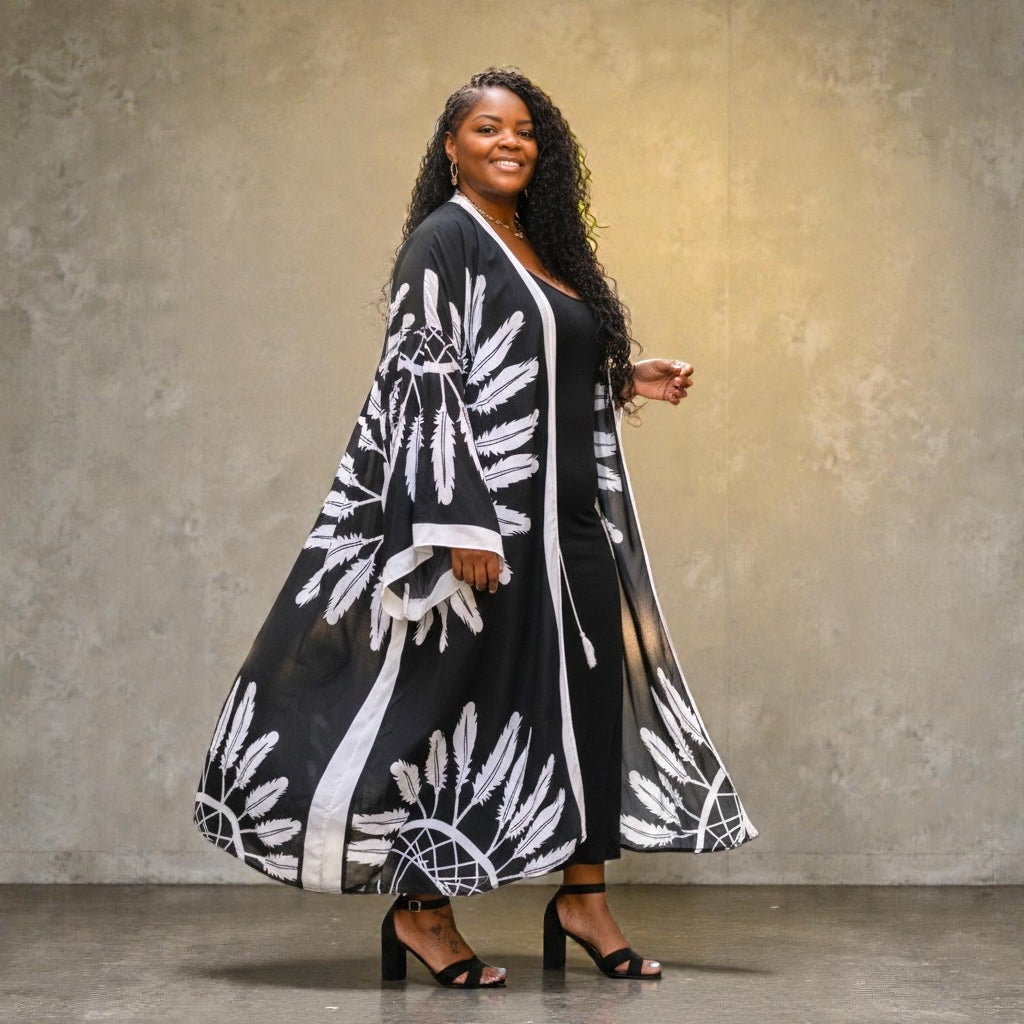 Womens Boho Chic Black Feathered Kimono