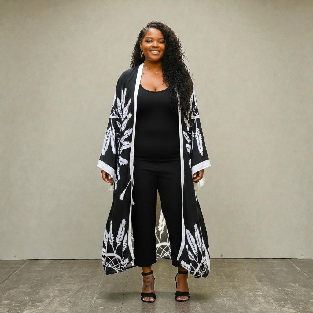 Womens Boho Chic Black Feathered Kimono