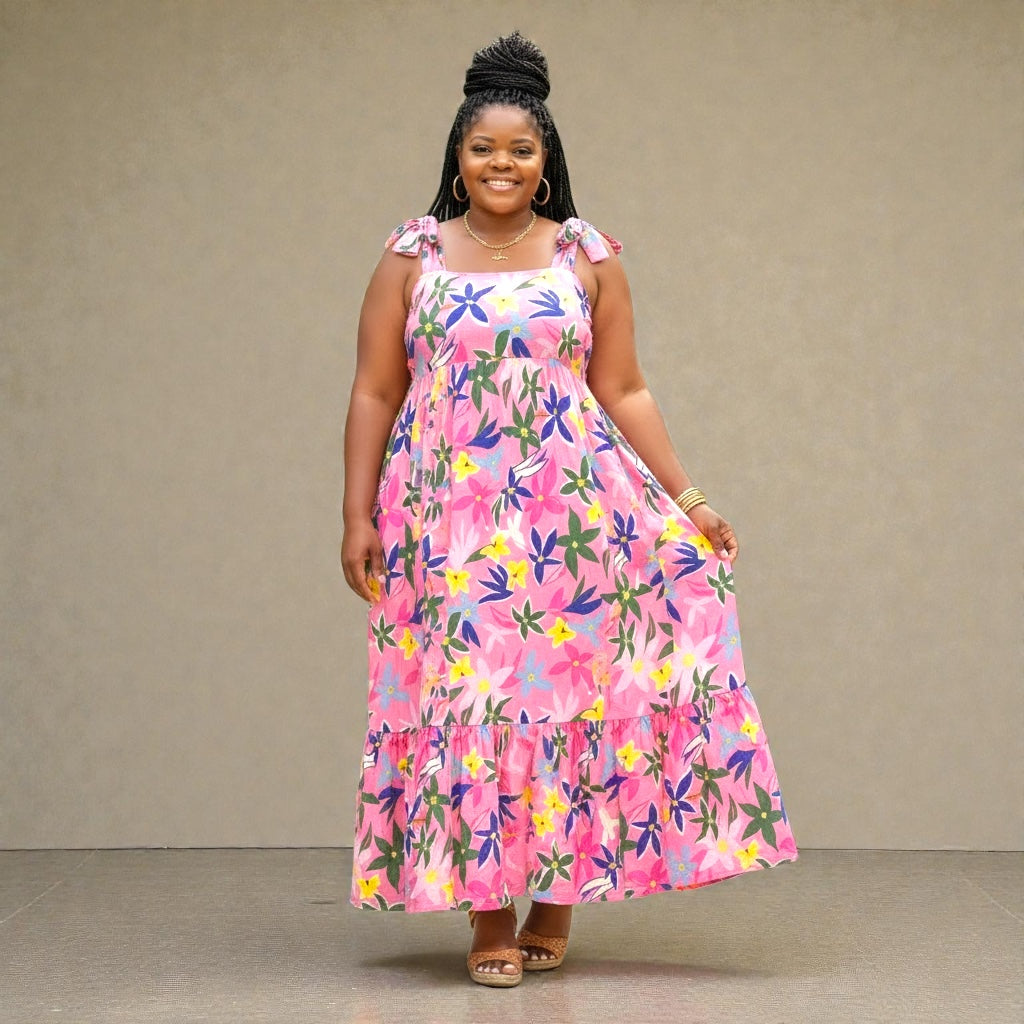 Pink Plus Size Floral Print Babydoll Maxi Dress
