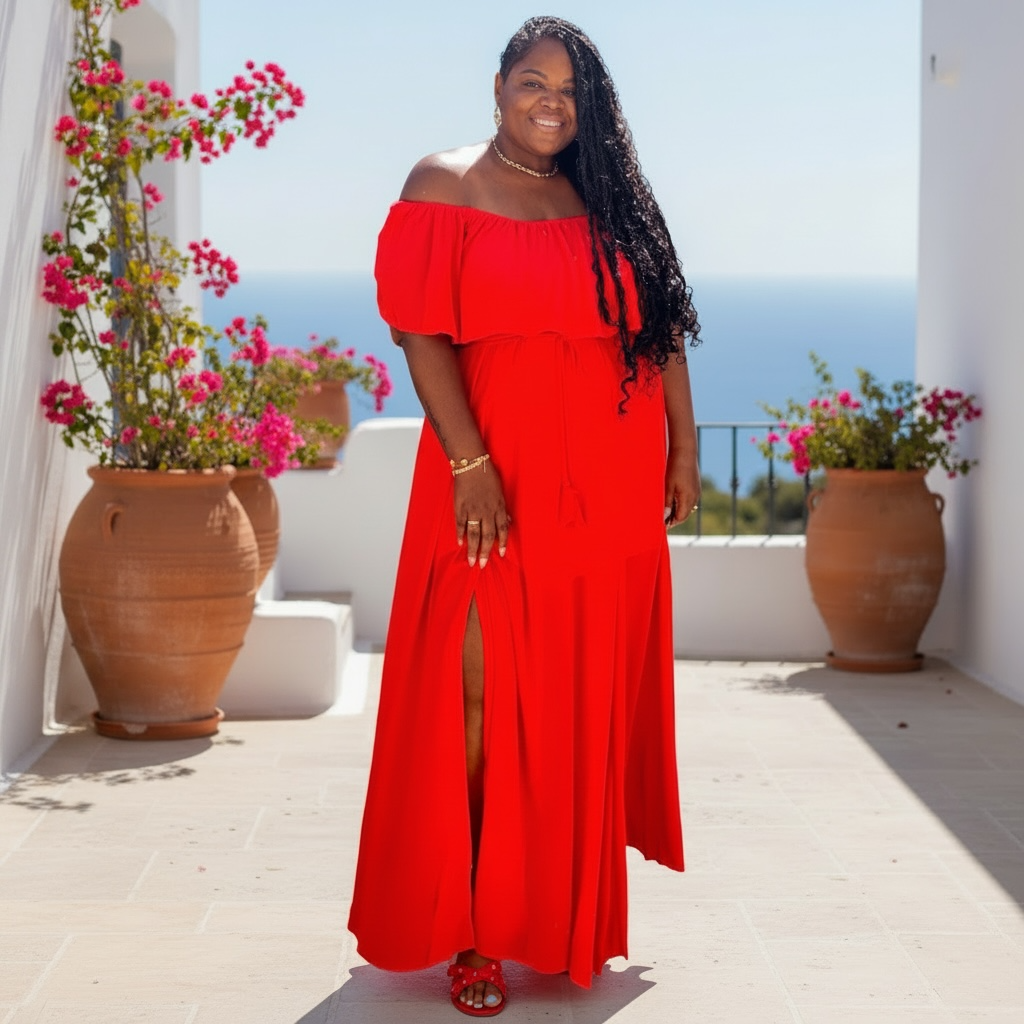 Poppy Red Plus Size Sheer Maxi Dress With Slit
