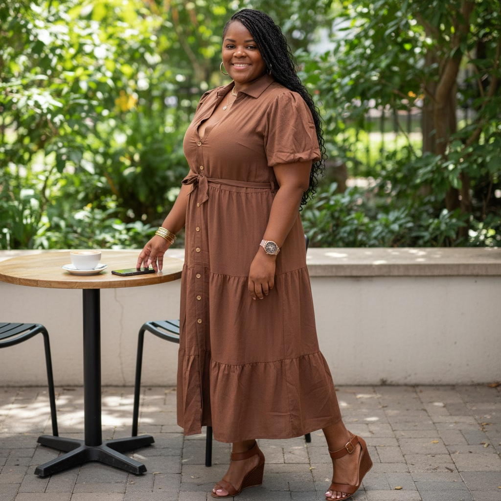 Linen Plus Size Brown Button Down Maxi Dress