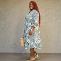 Women's Peacock Print Tiered Midi Dress With 3/4 Sleeves