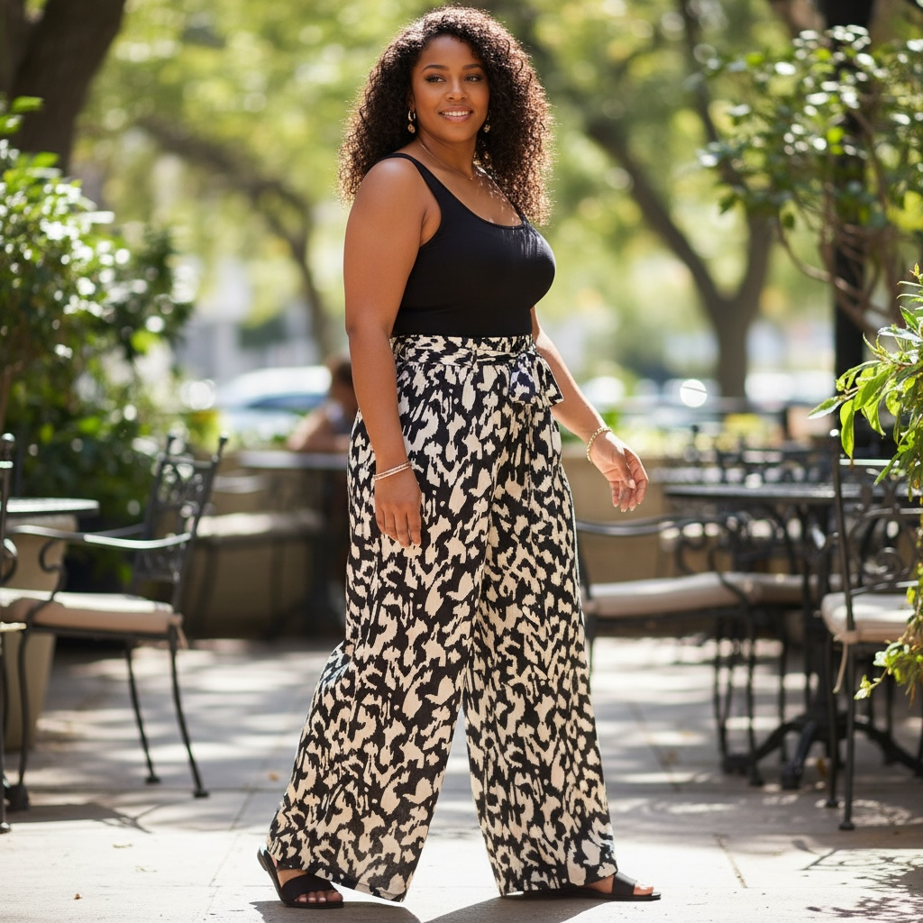 Womens Plus Black and White Wide Leg Belt Pant