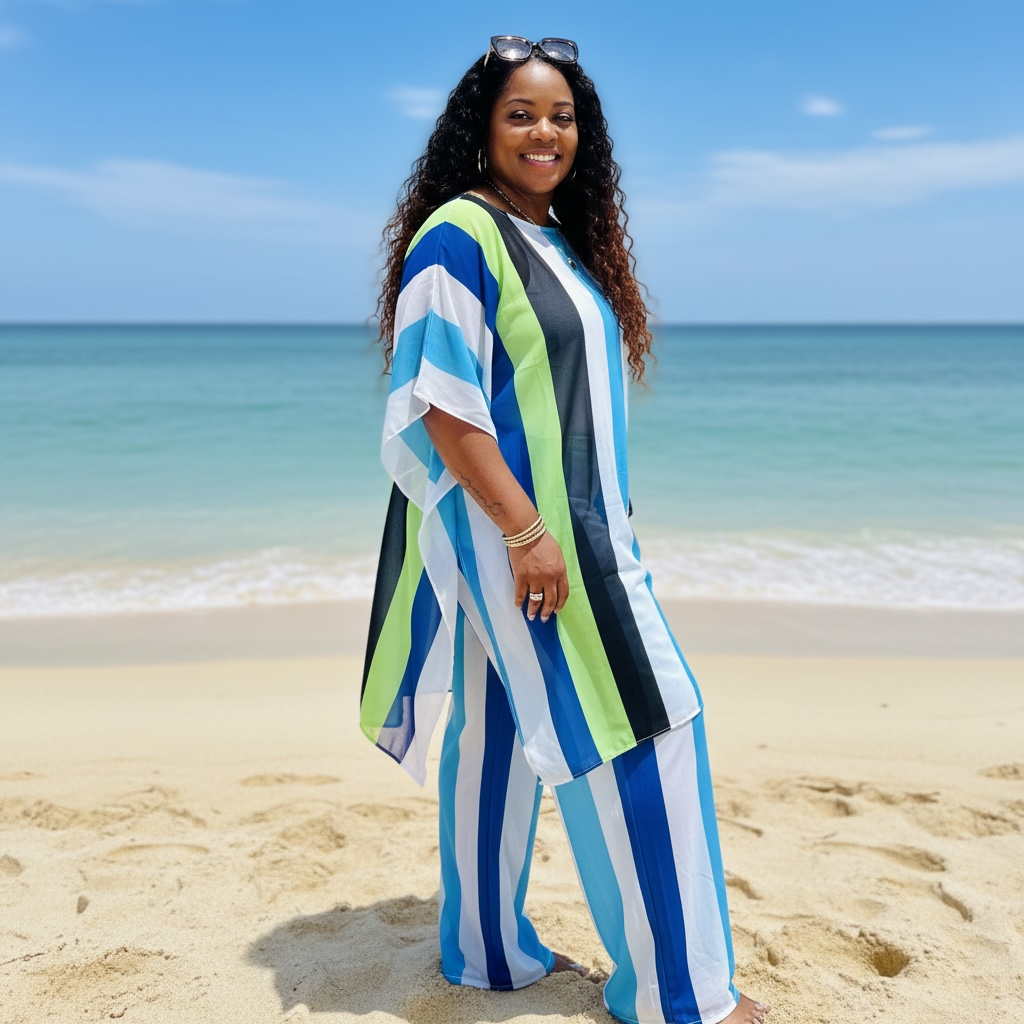 Women's Plus Size Chiffon Striped Pants Set