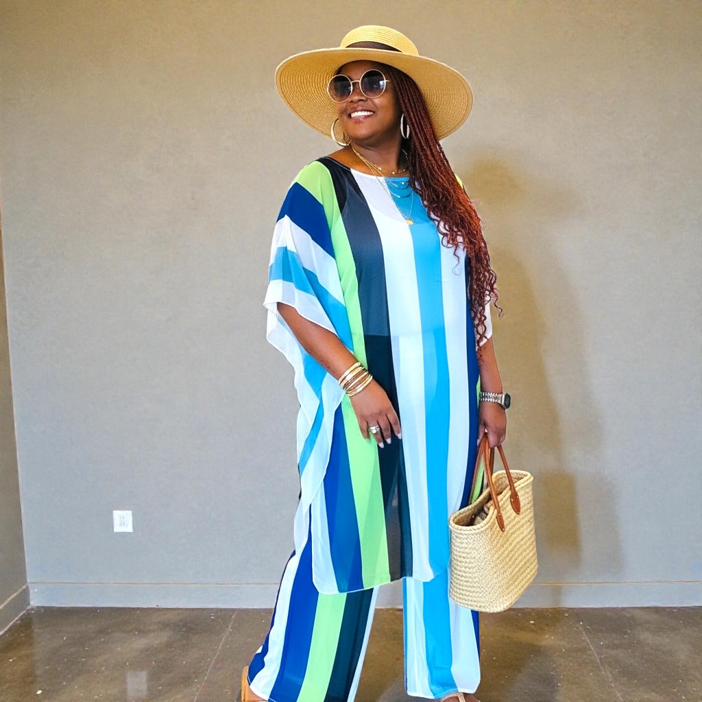 Women's Plus Size Chiffon Striped Pants Set