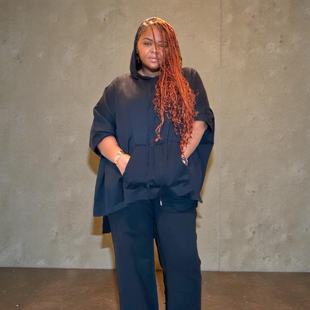 Women’s Black Plus Size Oversized Poncho Hoodie Set