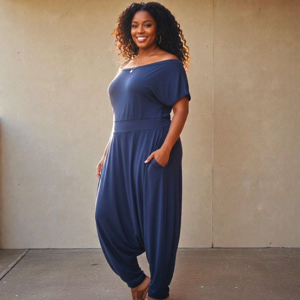 Women'S Plus Navy Off the Shoulder Harem Jumpsuit