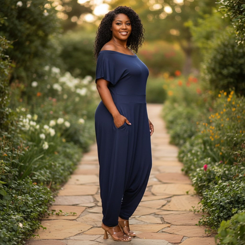 Women'S Plus Navy Off the Shoulder Harem Jumpsuit