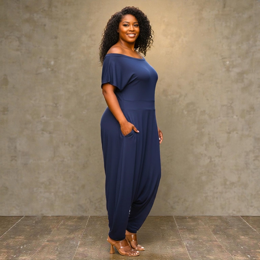Women'S Plus Navy Off the Shoulder Harem Jumpsuit
