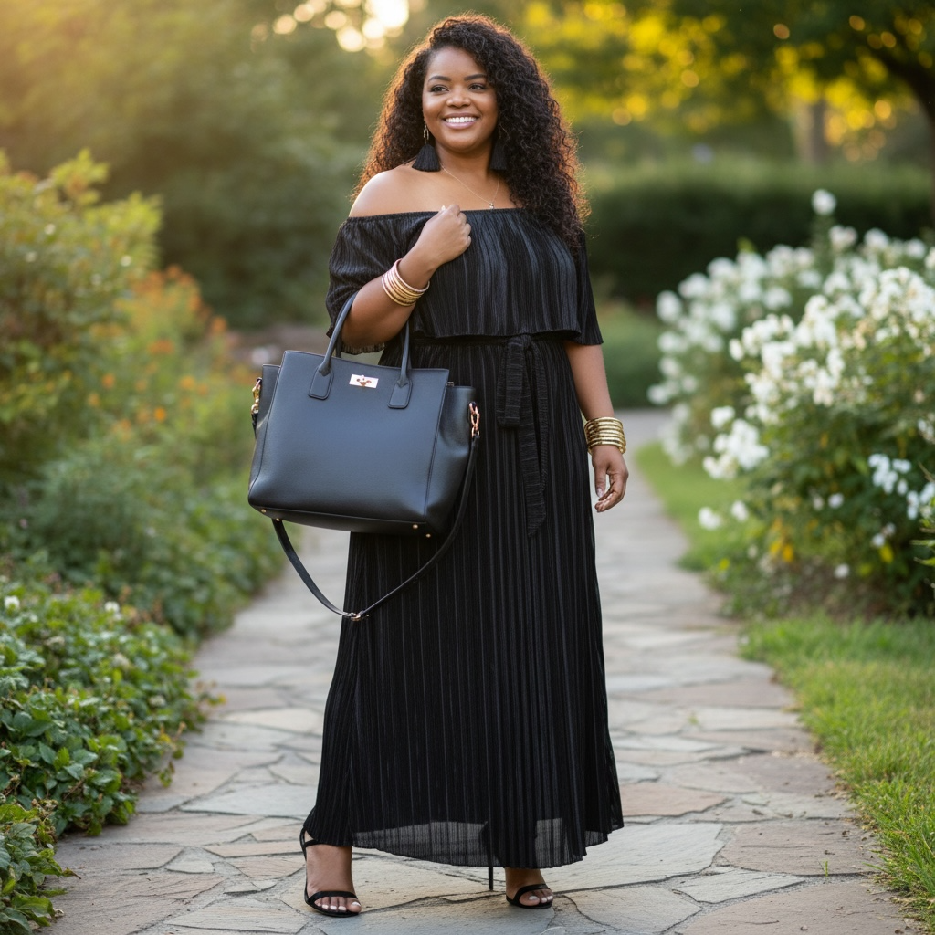 Black Pleated Off The Shoulder Maxi Dress