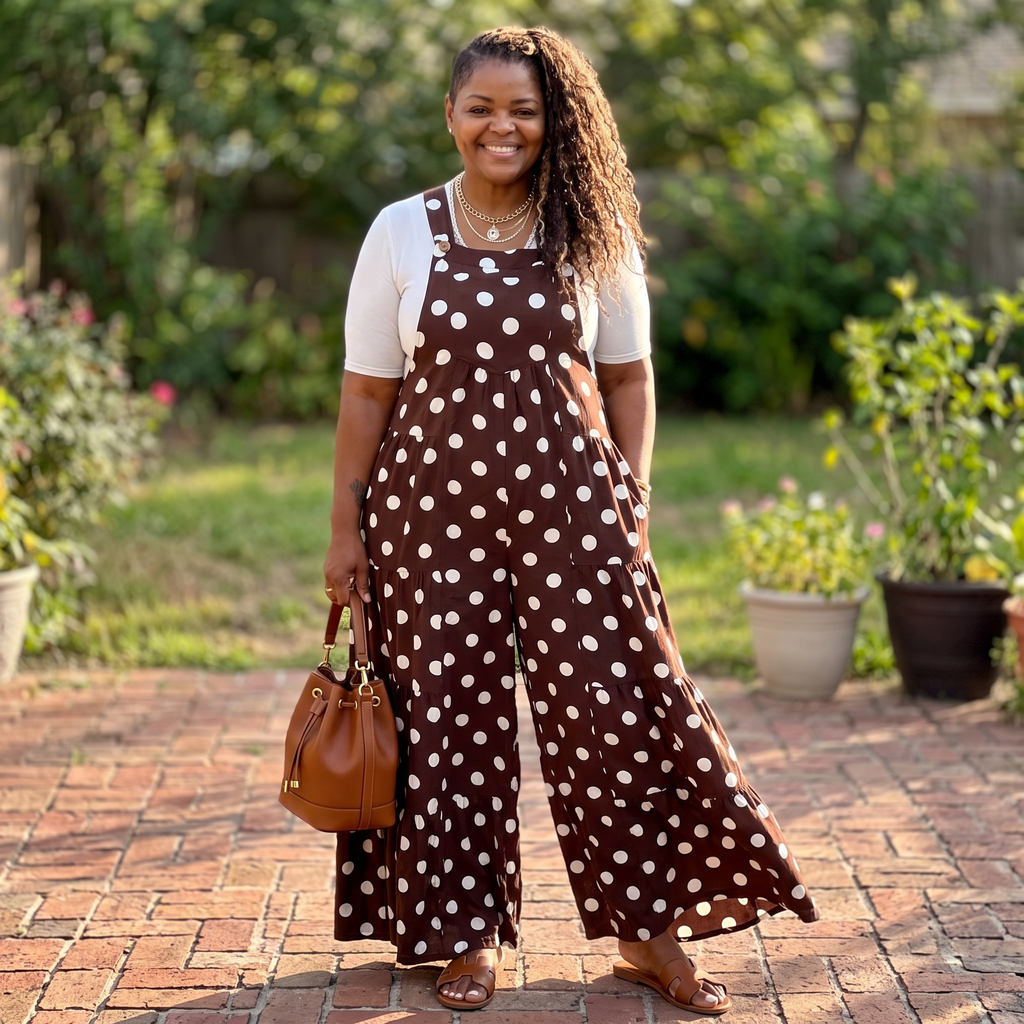 Women’s Stunning Wide Leg Brown Polka Dot Maxi Jumpsuit