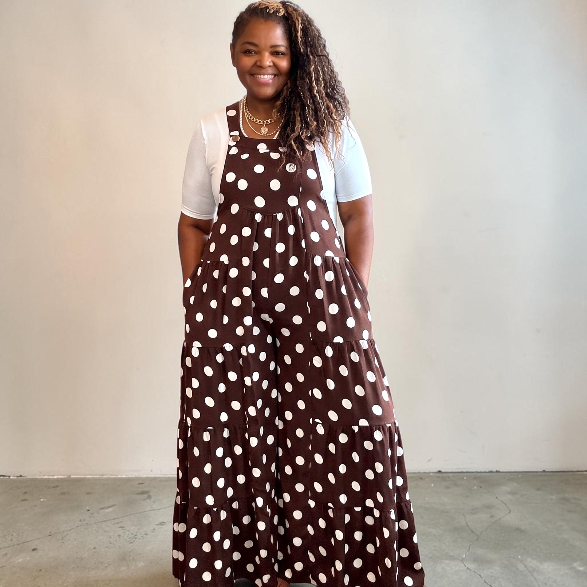 Women’s Stunning Wide Leg Brown Polka Dot Maxi Jumpsuit