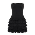 Summer Sexy Solid Color Eyelet Tube Top Tiered Dress Cinched Sleeveless Pettiskirt Short Dress
