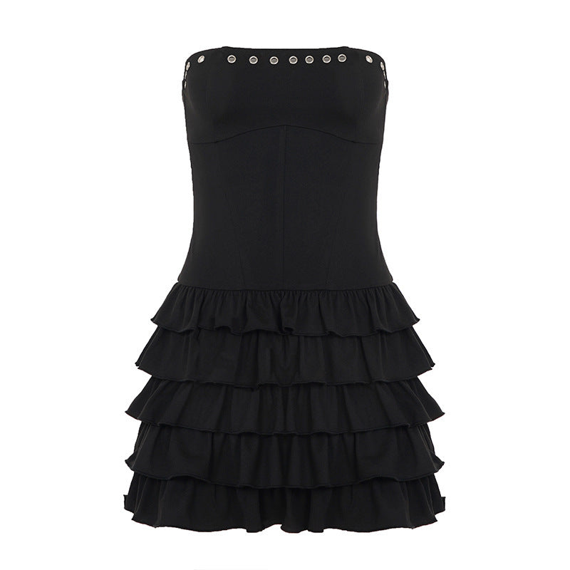 Summer Sexy Solid Color Eyelet Tube Top Tiered Dress Cinched Sleeveless Pettiskirt Short Dress