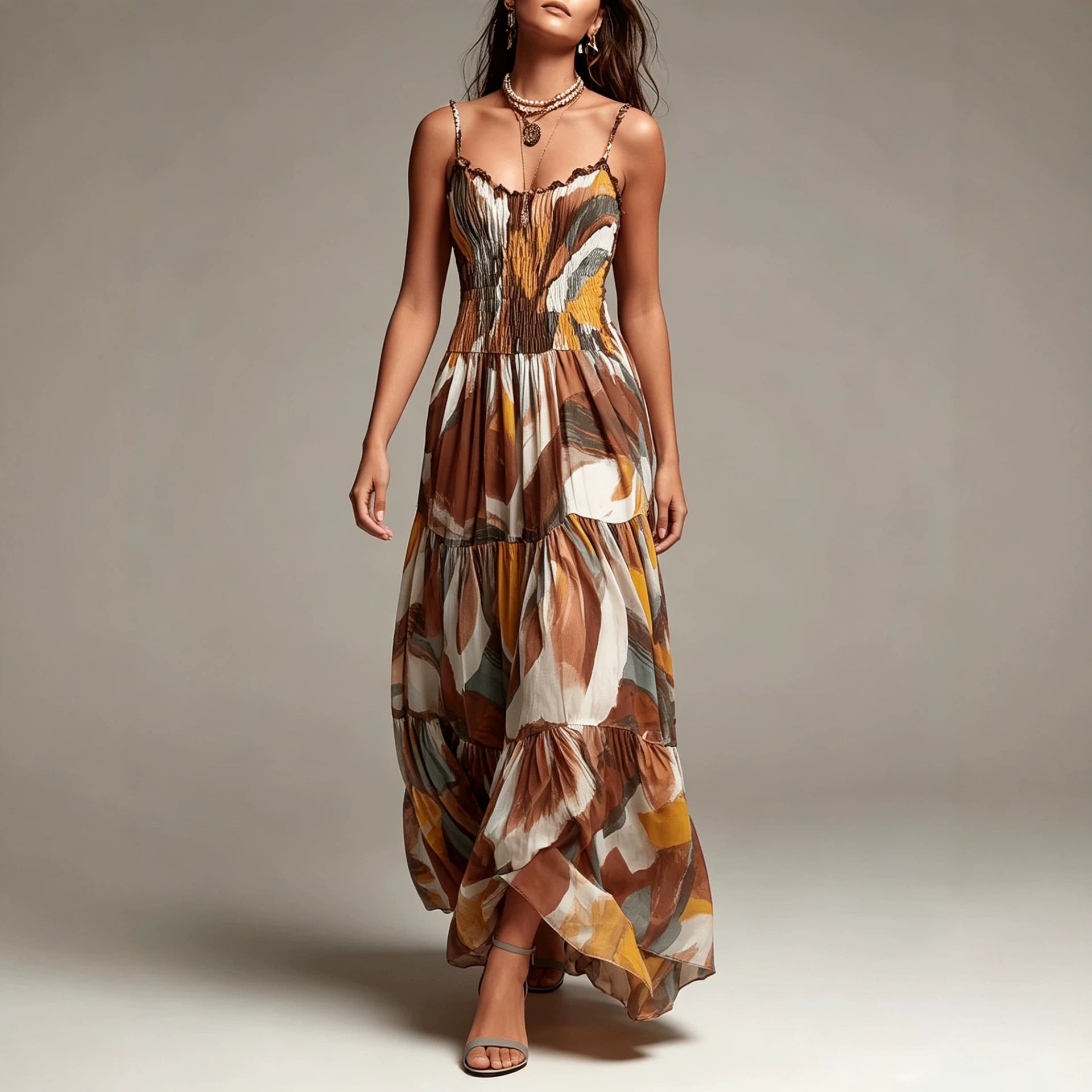 Abstract Printing Layered Maxi Dress Bohemian Spaghetti Strap Pleated Waist Pocket Dress