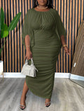 Plus Size Women Clothing Fashionable Elegant Solid Color round Neck Raglan Sleeves Fashionable Pleated Dress