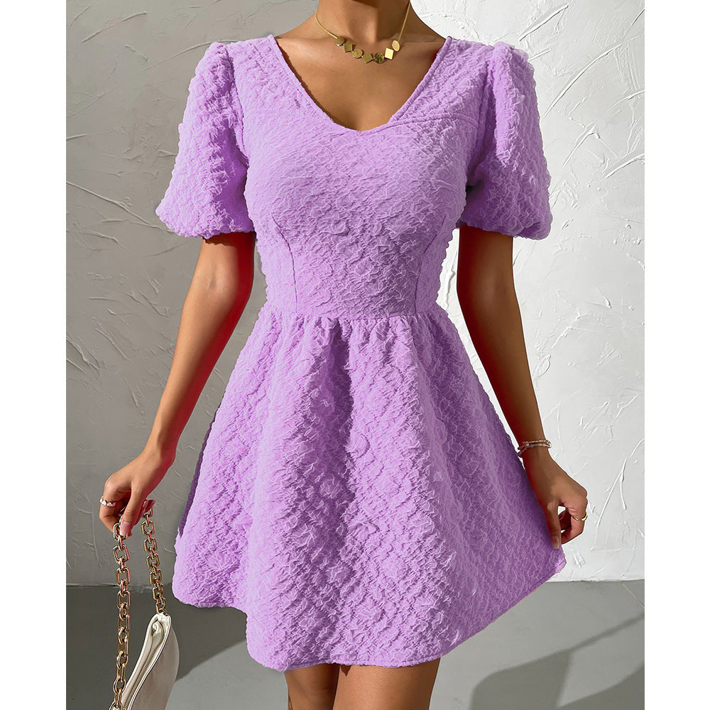 Summer Women Clothing Solid Color V neck Puff Sleeve Short Sleeve Dress for Women