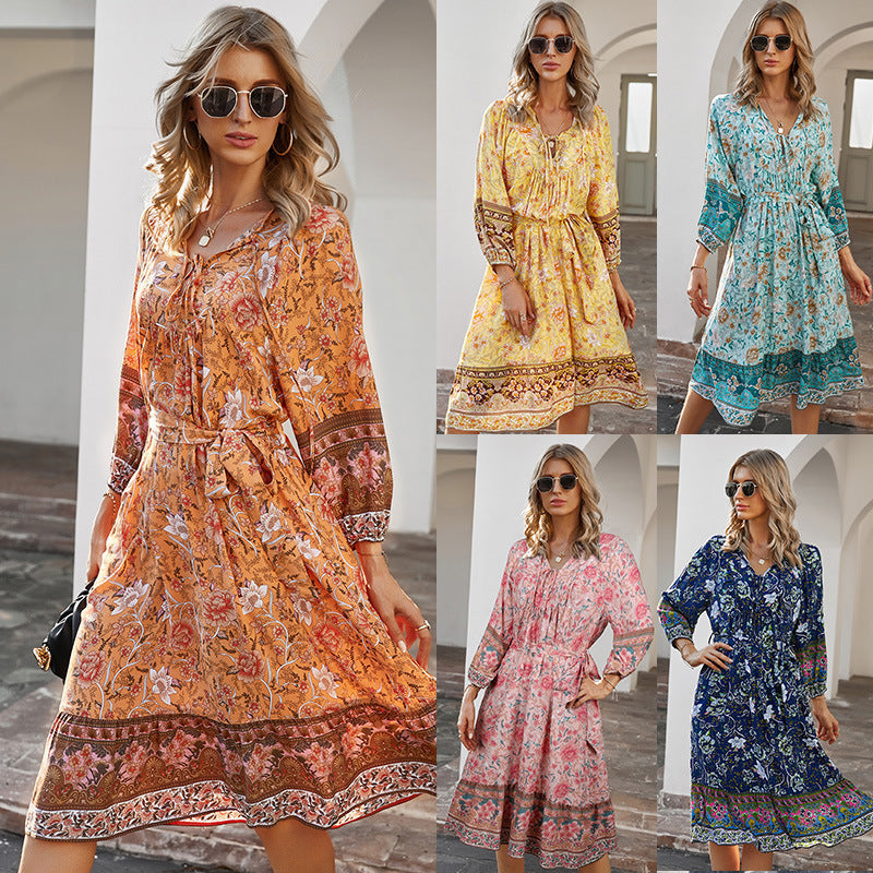 Spring Women's Bohemian Print Dress Long Sleeve V-Neck Tie A-Shape Dress Style