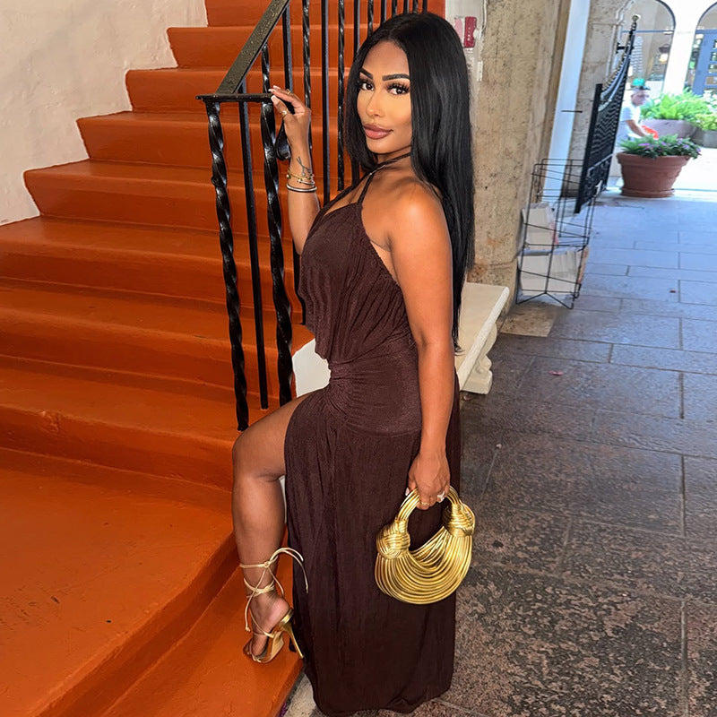 Women Clothing Solid Color Split Asymmetric Wrapped Chest Deep V Plunge neck Sexy Halter Dress