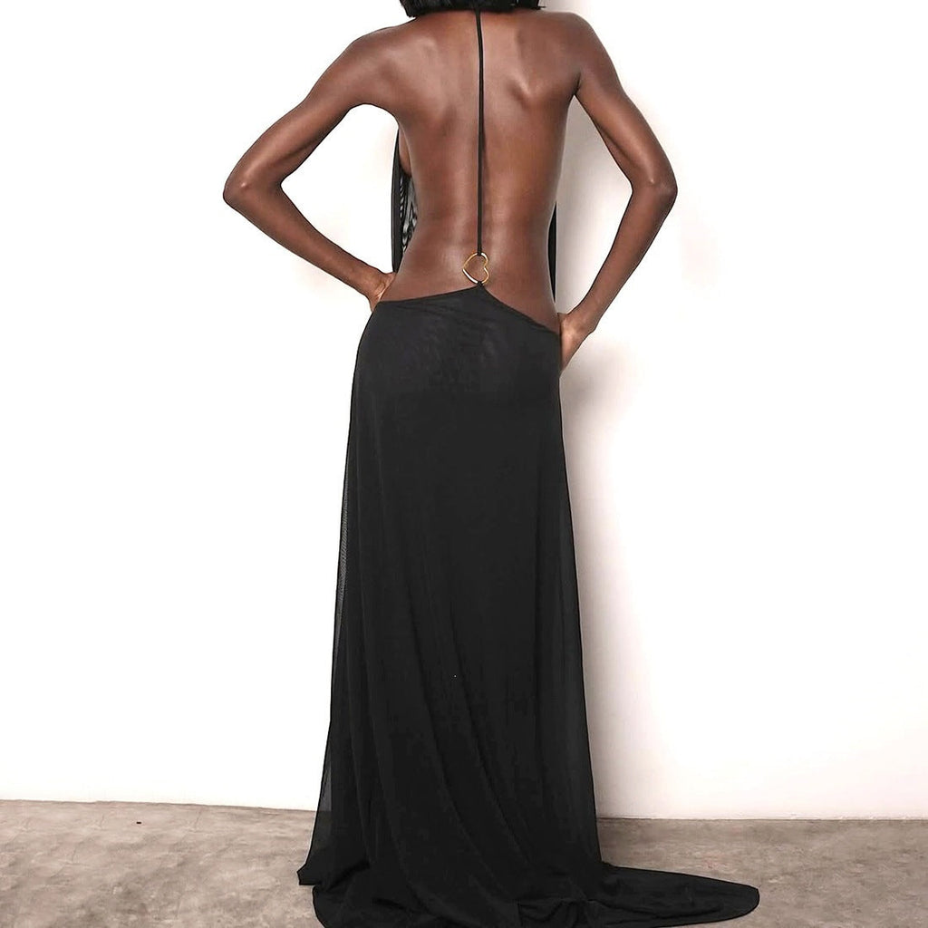 Women Spring Clothing V neck Halter Mesh Backless Sexy Solid Color Dress