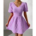 Summer Women Clothing Solid Color V neck Puff Sleeve Short Sleeve Dress for Women