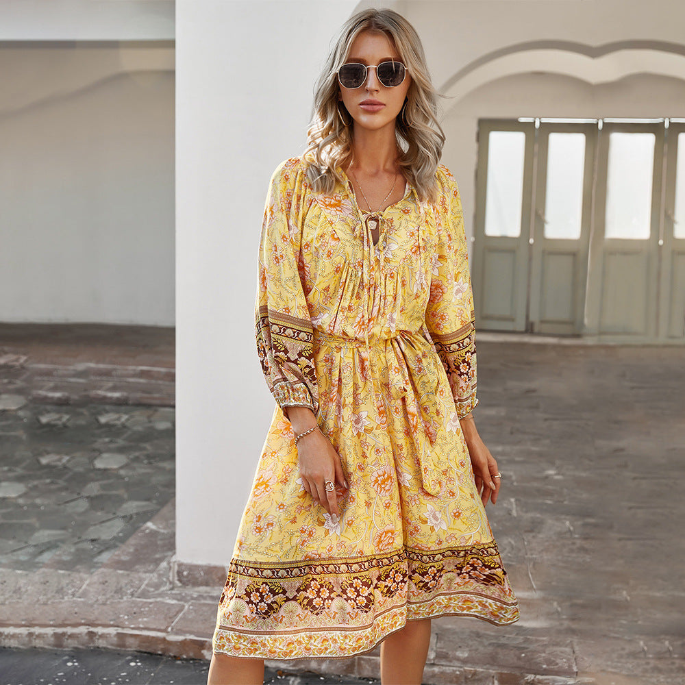 Spring Women's Bohemian Print Dress Long Sleeve V-Neck Tie A-Shape Dress Style