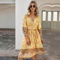 Spring Women's Bohemian Print Dress Long Sleeve V-Neck Tie A-Shape Dress Style