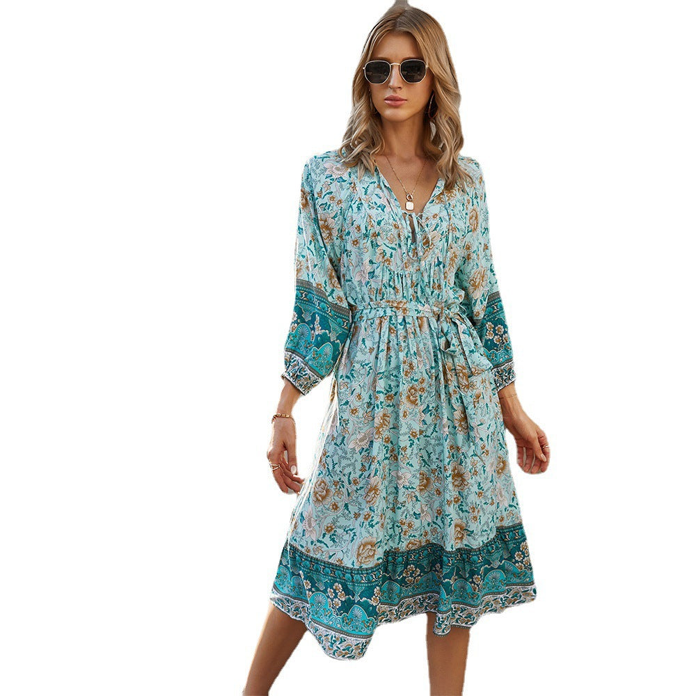 Spring Women's Bohemian Print Dress Long Sleeve V-Neck Tie A-Shape Dress Style