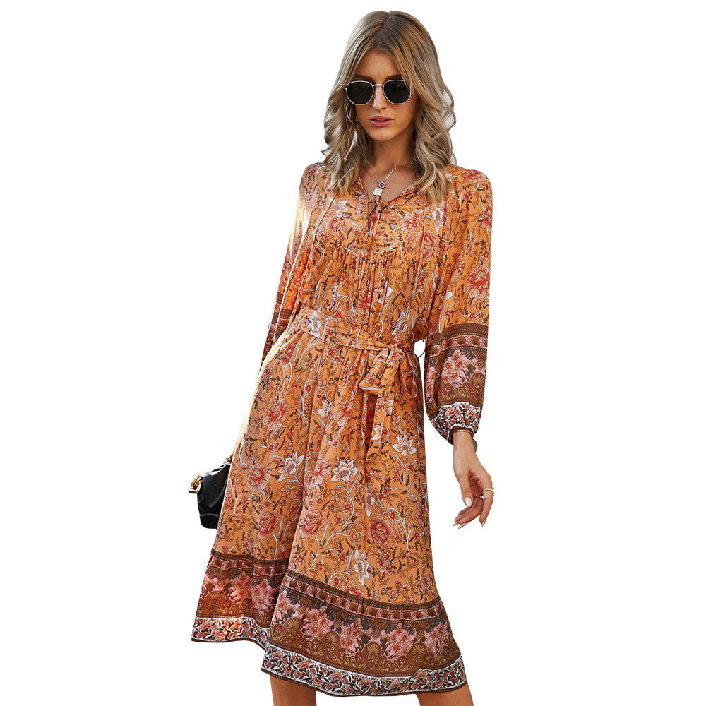 Spring Women's Bohemian Print Dress Long Sleeve V-Neck Tie A-Shape Dress Style