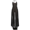 Women Spring Clothing V neck Halter Mesh Backless Sexy Solid Color Dress