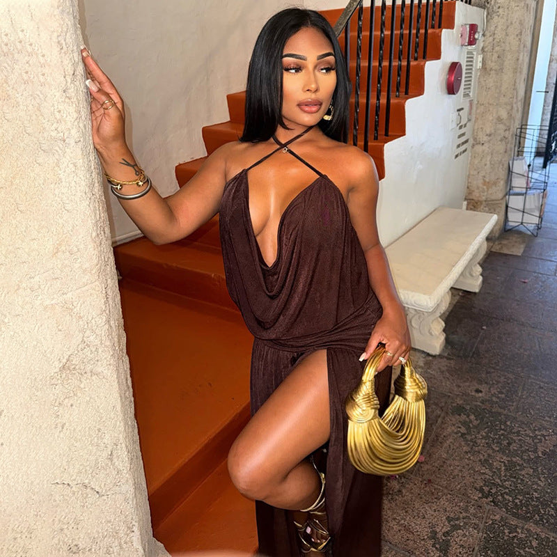 Women Clothing Solid Color Split Asymmetric Wrapped Chest Deep V Plunge neck Sexy Halter Dress
