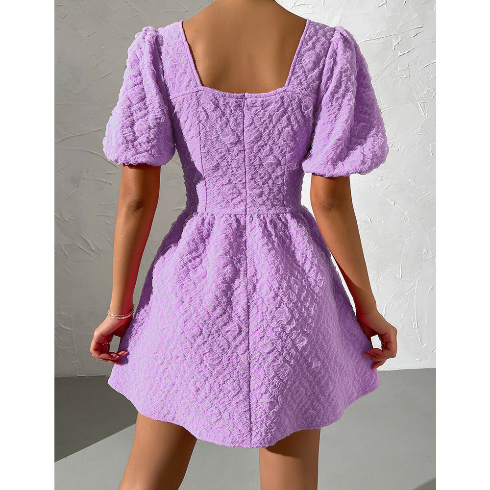 Summer Women Clothing Solid Color V neck Puff Sleeve Short Sleeve Dress for Women